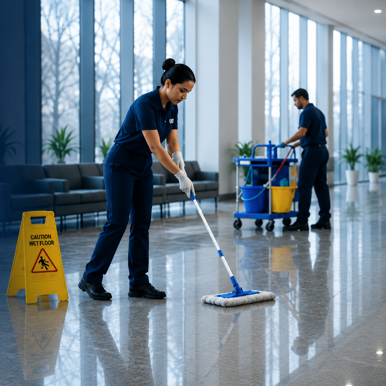 Professional cleaning team servicing a commercial space